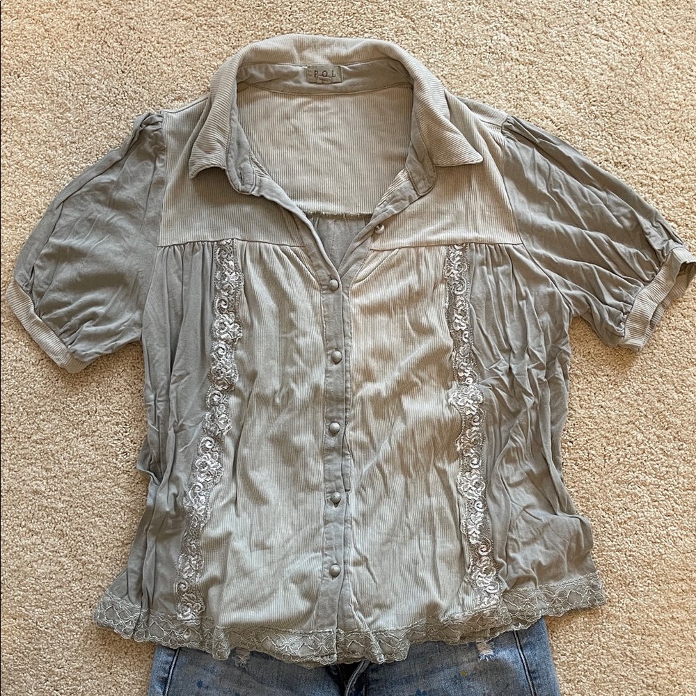 POL Light Green Soft Blouse With Lace Trim